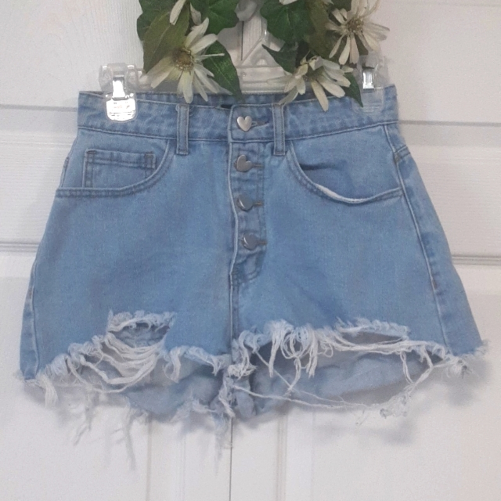 SHEIN distressed hem shorts with heart buttons